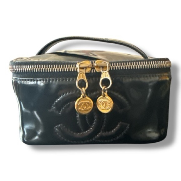 CHANEL Handbags - CHANEL Patent Leather Black Vanity Bag with Gold Hardware